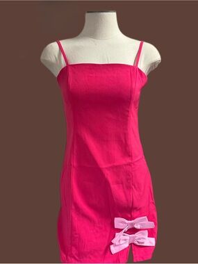 Hot Pink Spaghetti-Strap Mini Dress with Bow Accents